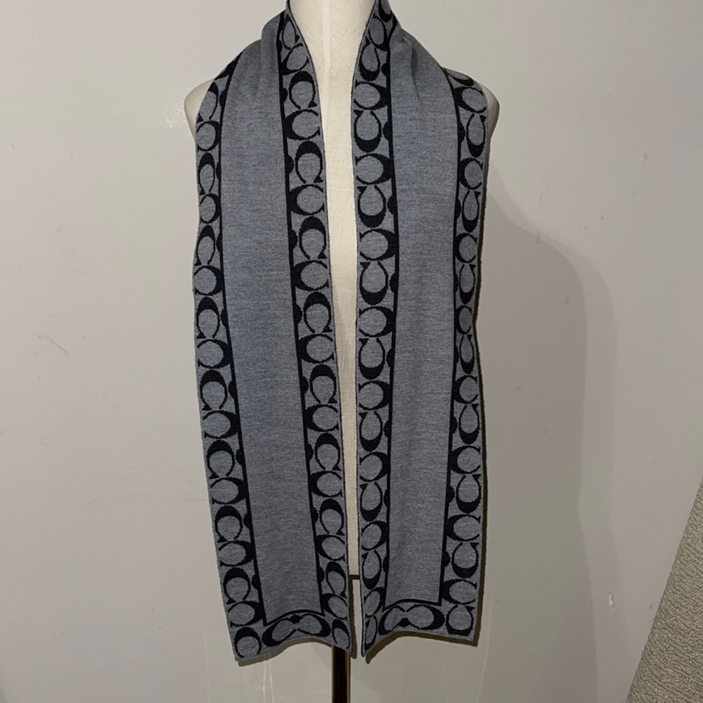 COACH Reversible Gray Merino Wool Logo Scarf